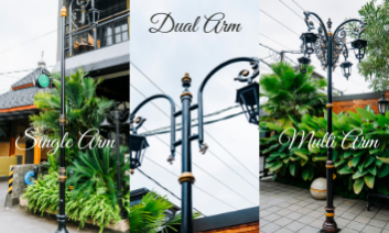 Jenis Tiang Lampu Jenis tiang lampu single arm, double arm, dan multi arm untuk penerangan jalan dan area publik
