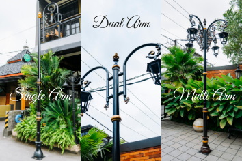 Jenis tiang lampu single arm, double arm, dan multi arm untuk penerangan jalan dan area publik